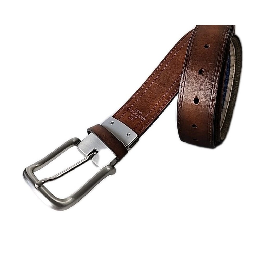 Alfani Men's 34/35 Reversible 2-in-1 Brown Leather/Blue Stripe Fabric Belt EUC